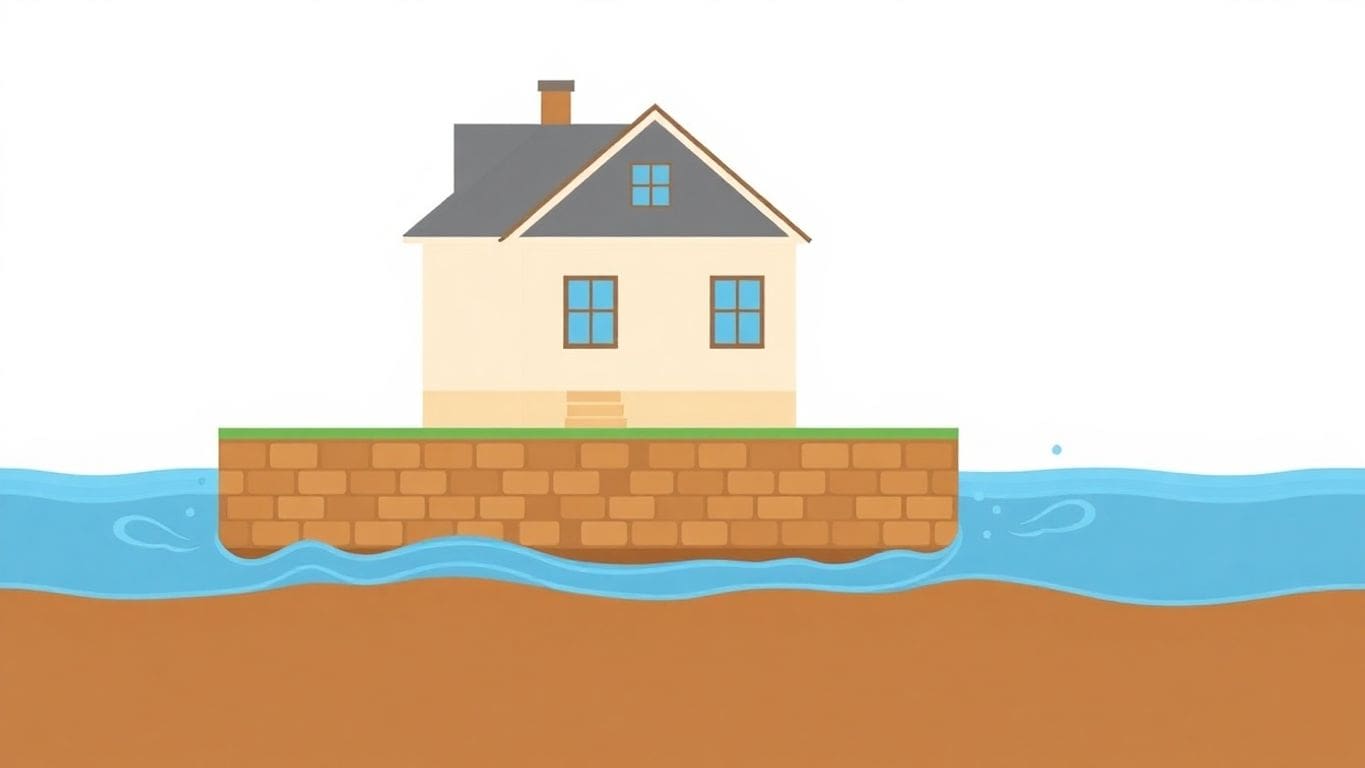 Minimalist vector illustration of house and water damage.