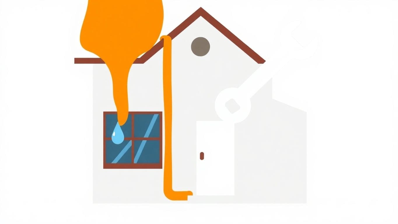 Vector illustration of a house with water leaks and tools.