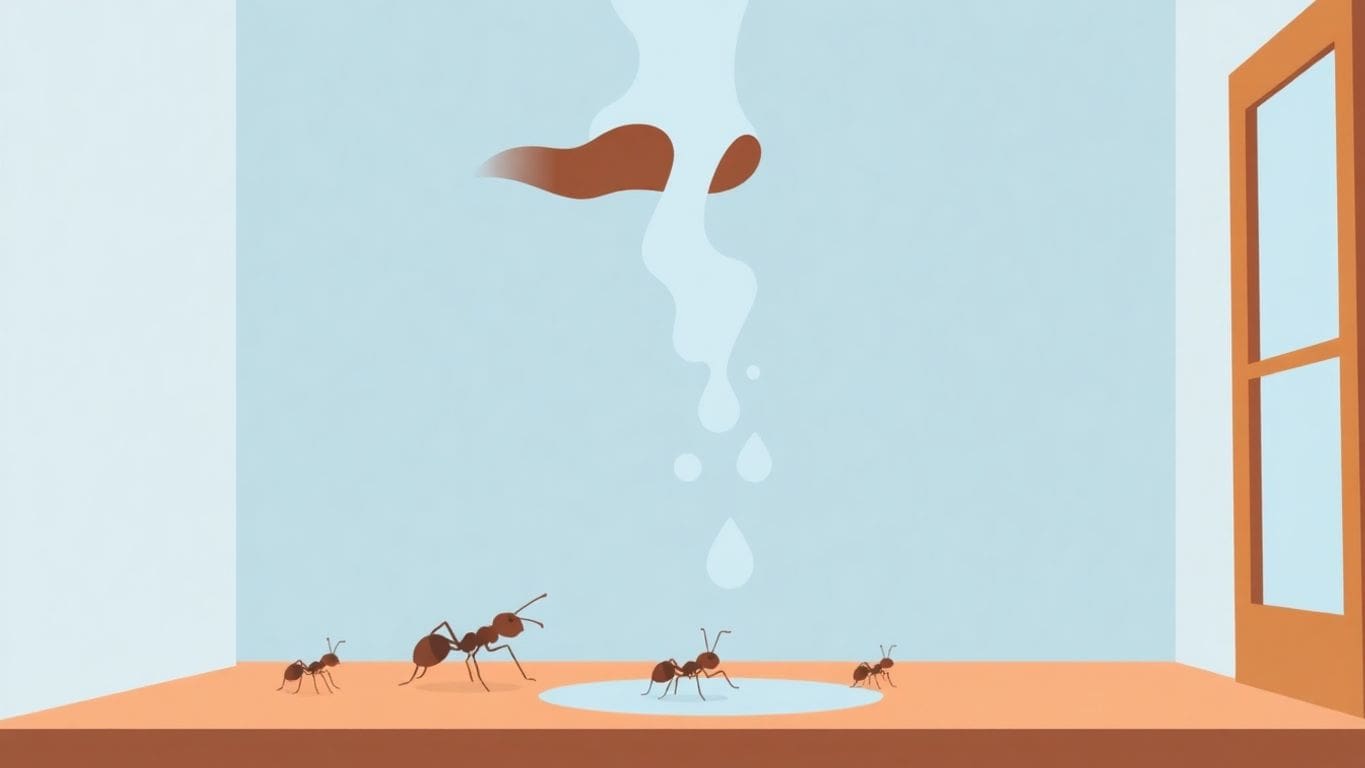 Ants near water damage in a minimalist vector design.