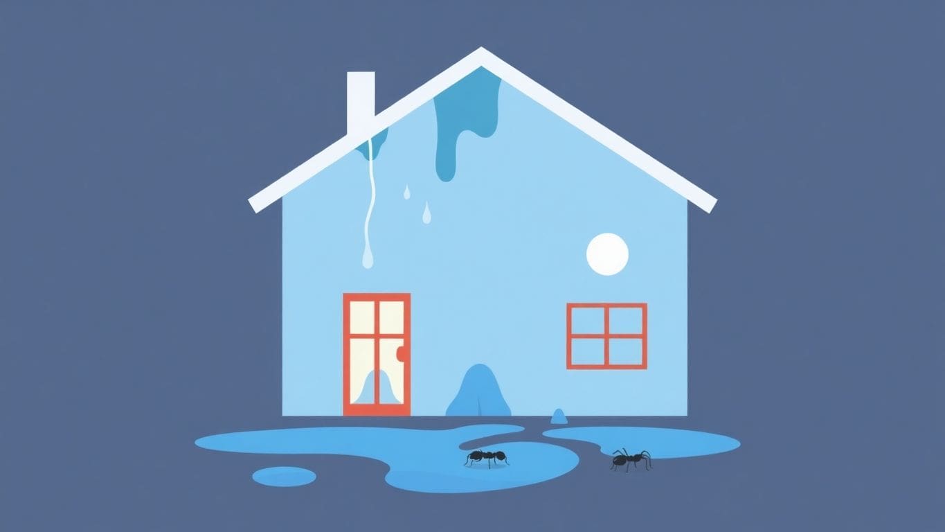 Vector illustration of water damage with ants in a home.