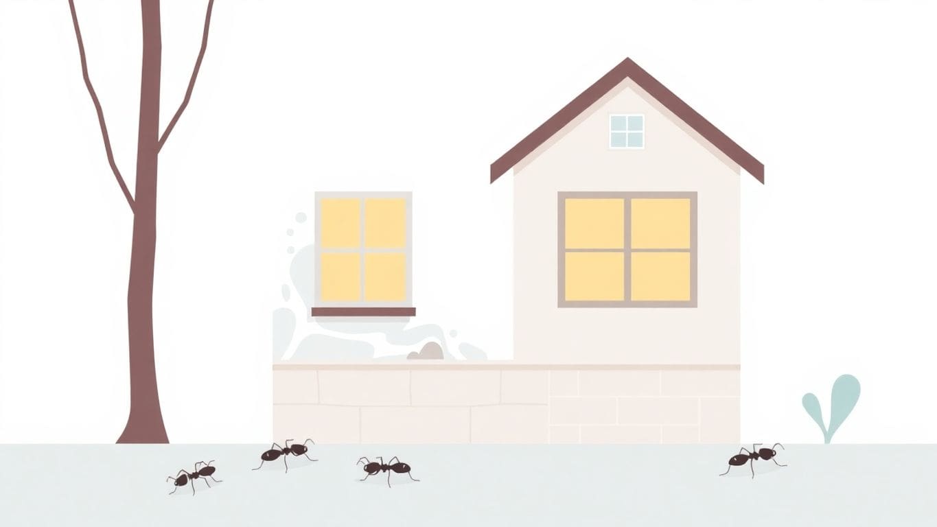 Vector illustration of a home with ants and water damage.