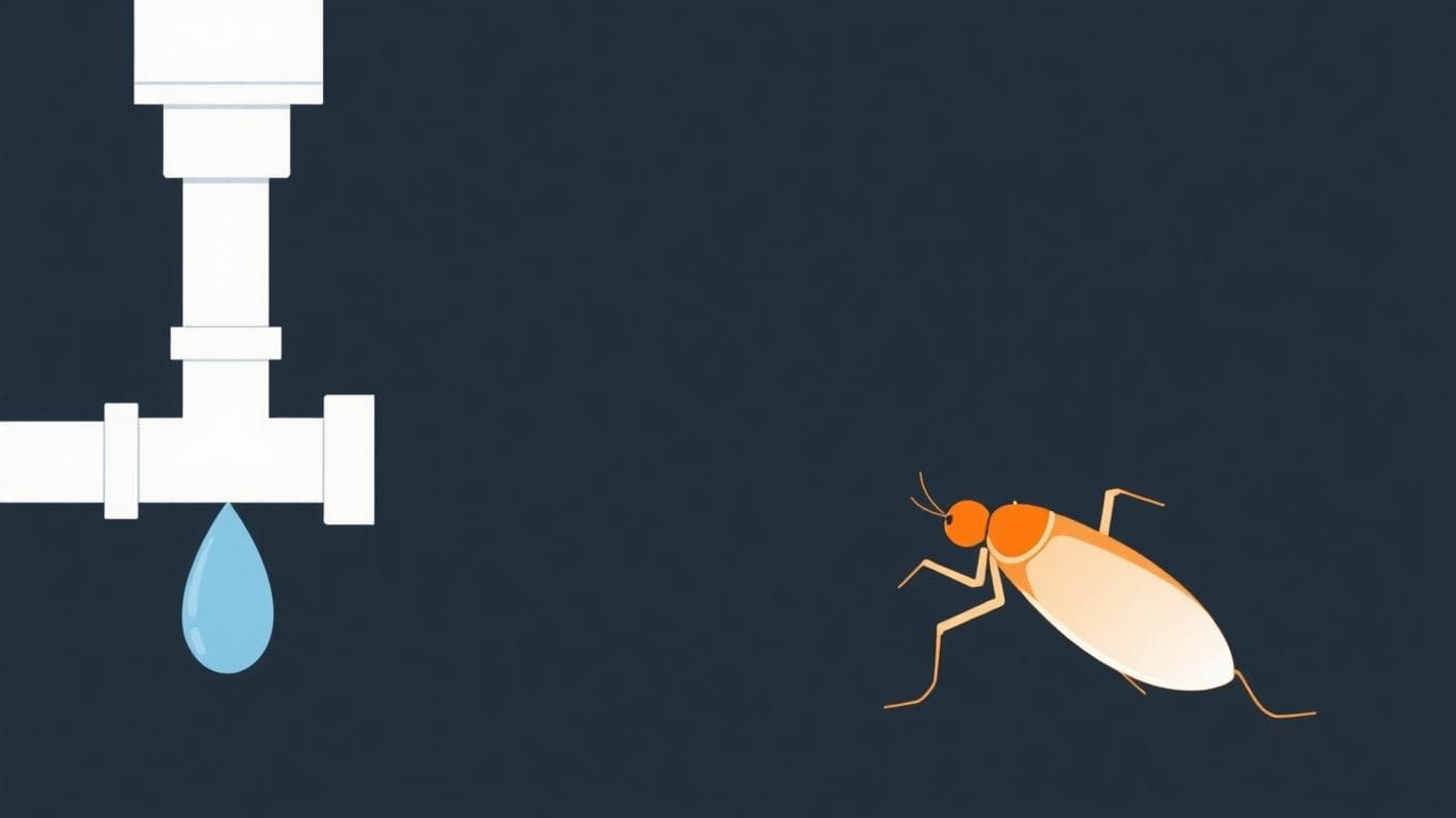 Illustration of a roach by a leaky pipe.