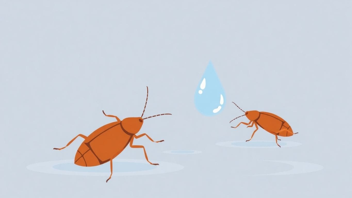 Illustration of roaches near water droplets in a minimalist style.