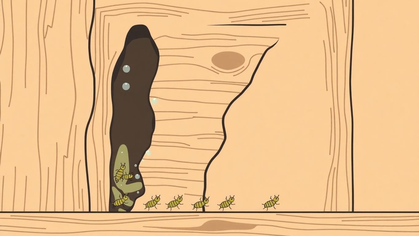 Vector illustration of termites near water-damaged wood.