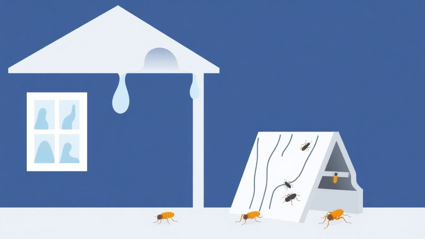 Minimalist illustration of water damage and termites in a house.