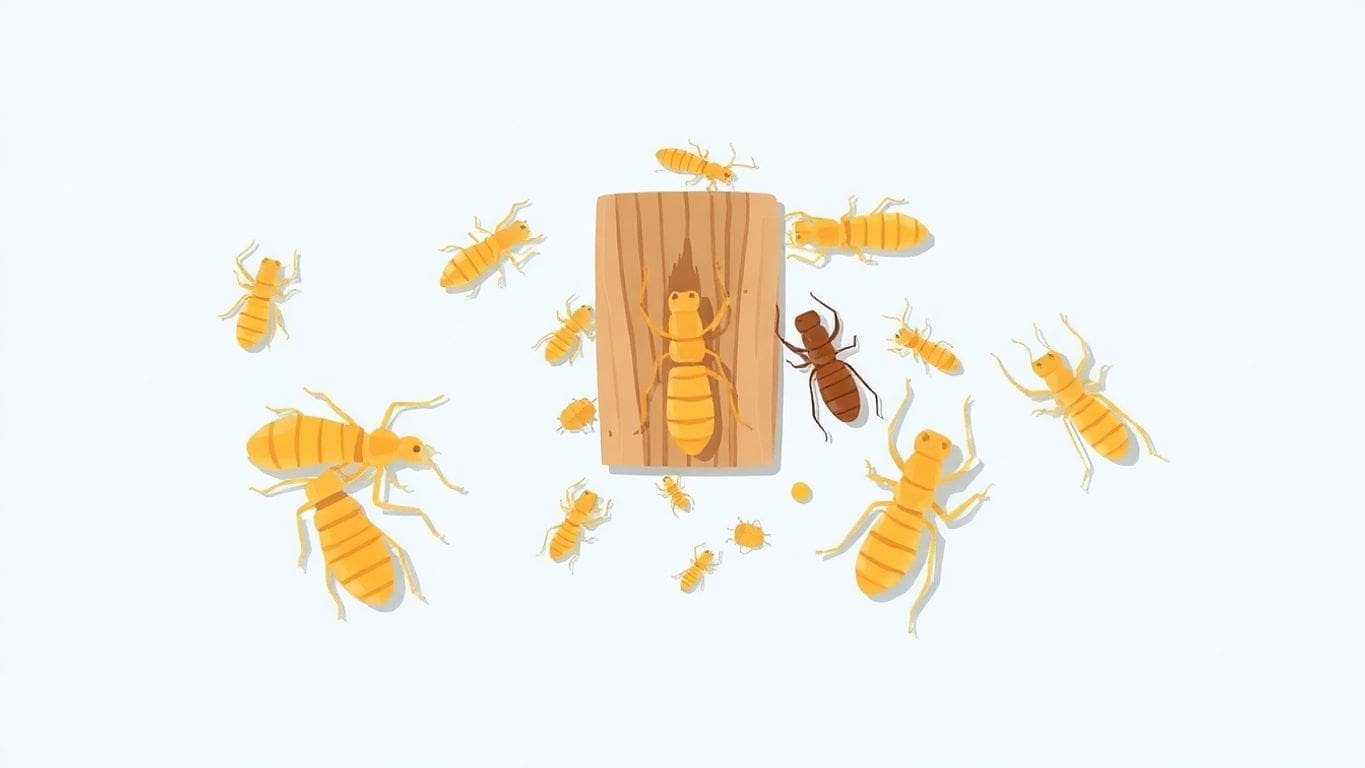 Vector illustration of termites near water-damaged wood.