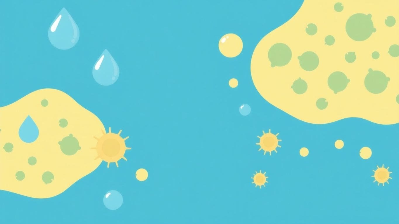 Vector illustration of water droplets and mold spores.