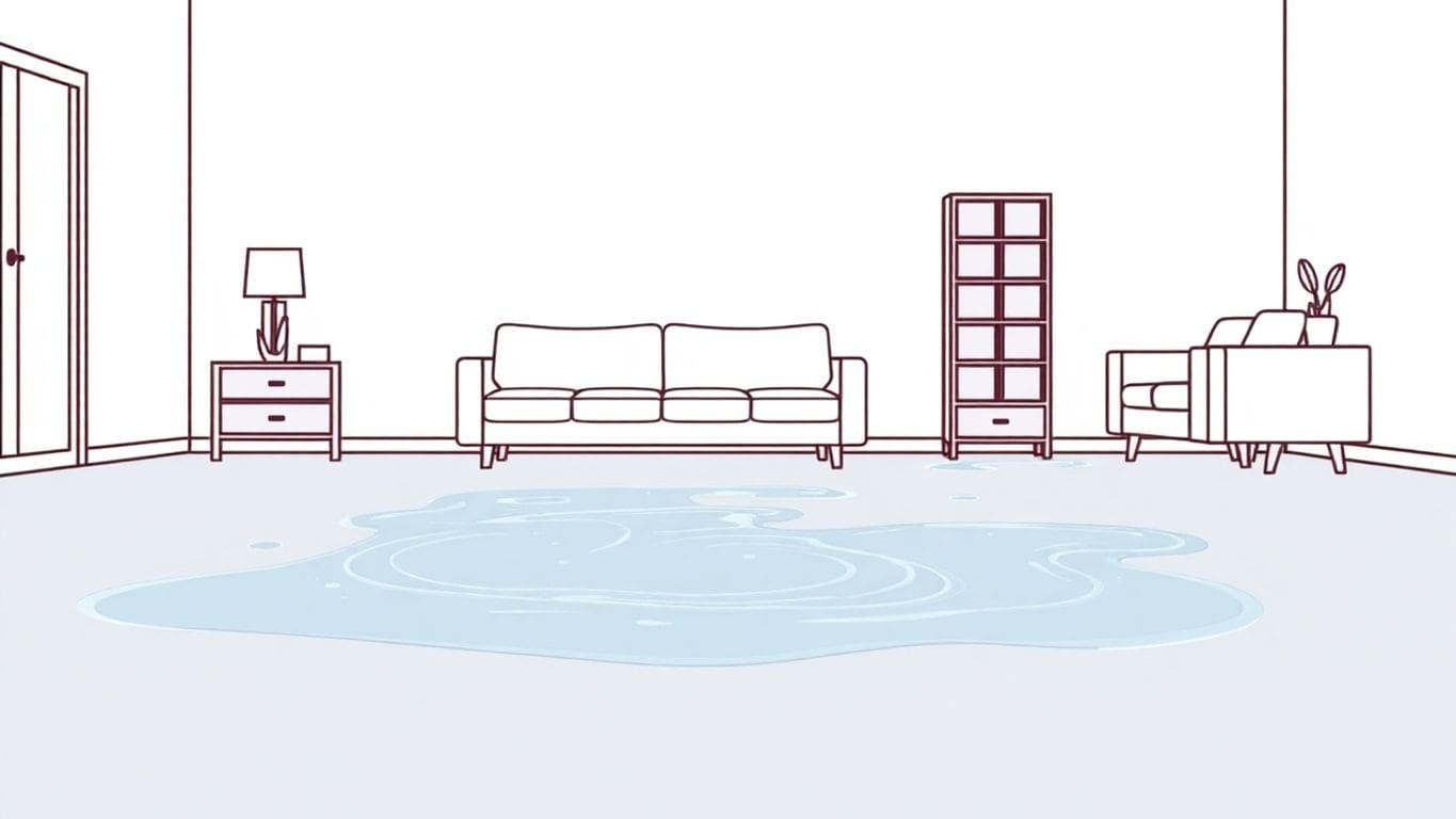 Vector art of a flooded room with water damage.