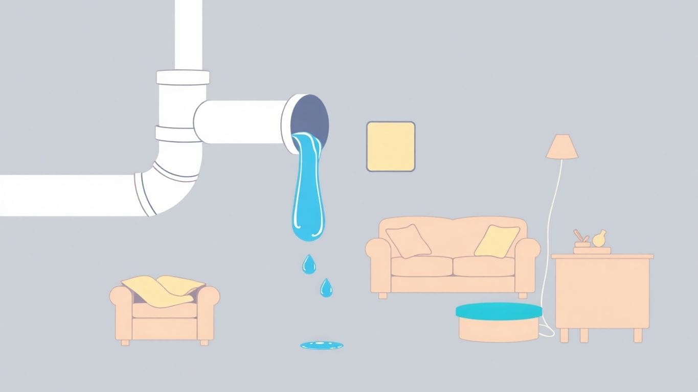Illustration of a broken pipe with water leaking.