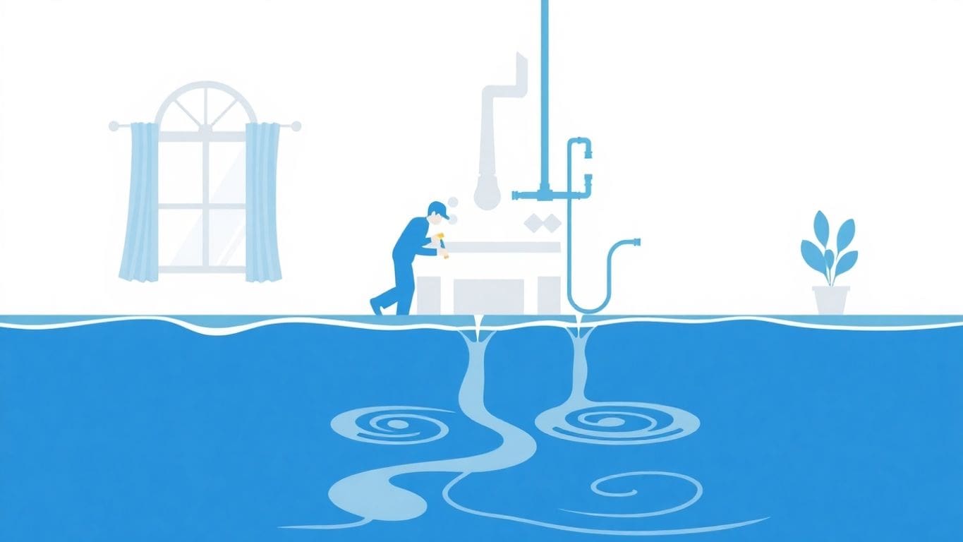 Illustration of a plumber fixing water damage in a home.