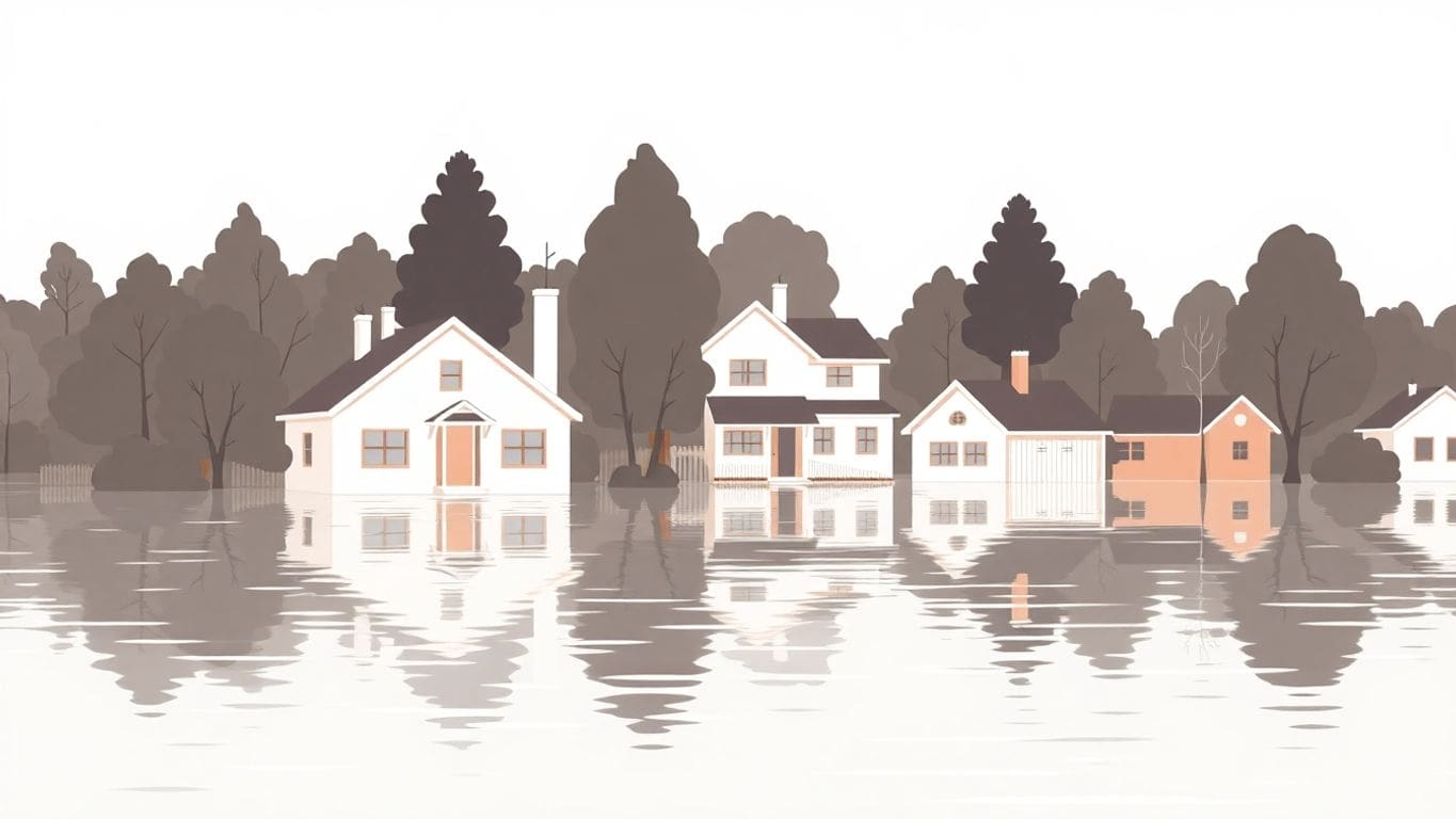 Minimalist vector art of a flooded community landscape.