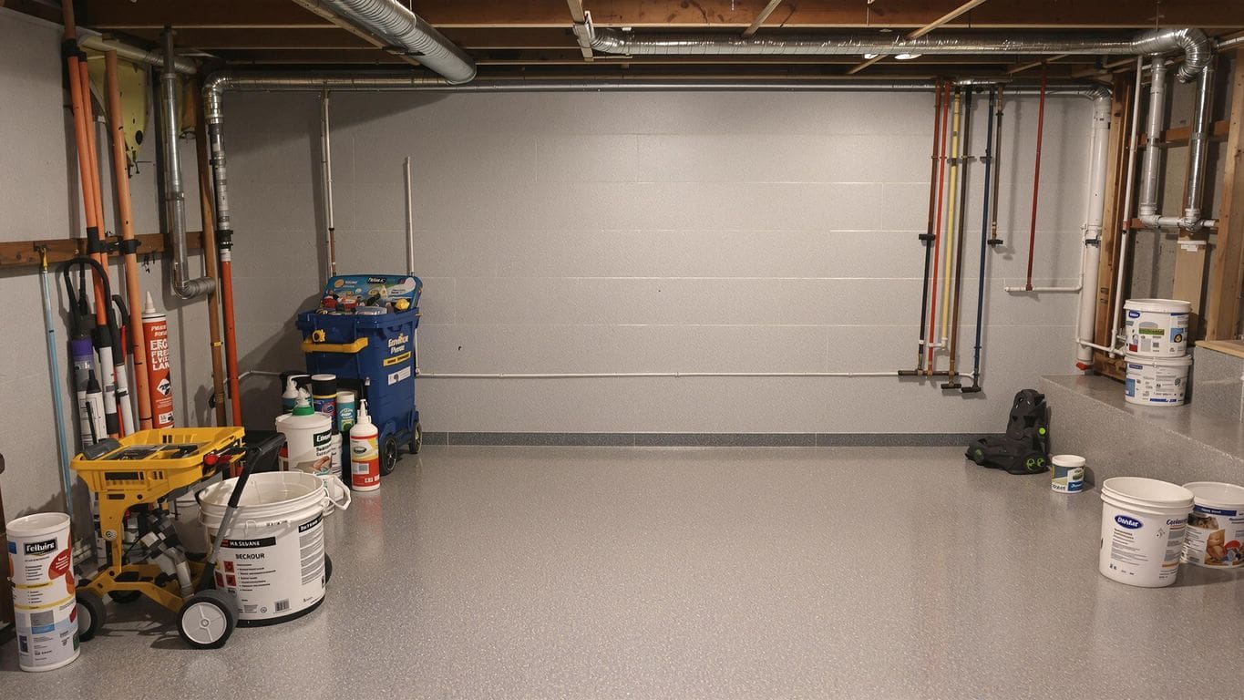 Basement with waterproofing materials and tools for improvement.