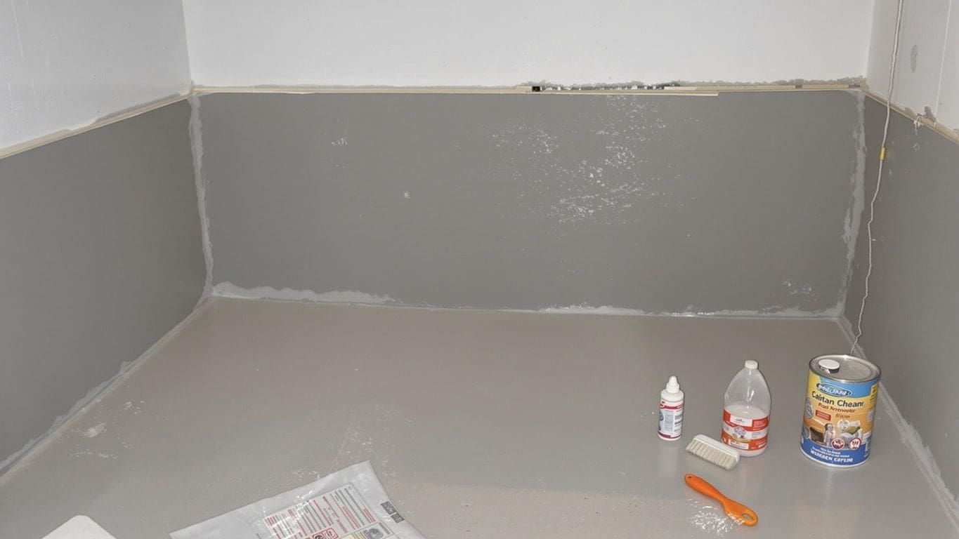 Prepared basement ready for waterproofing with tools visible.