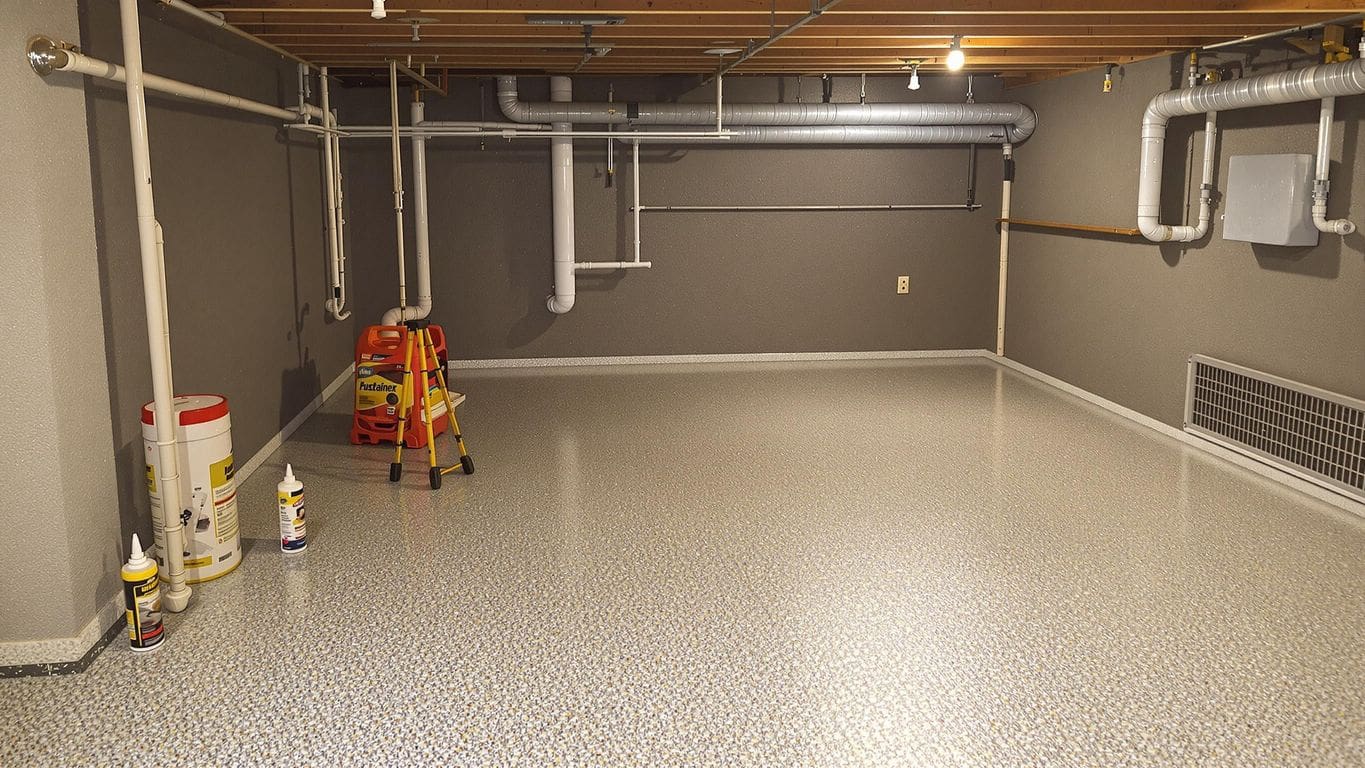 A dry, waterproofed basement with bright lighting.