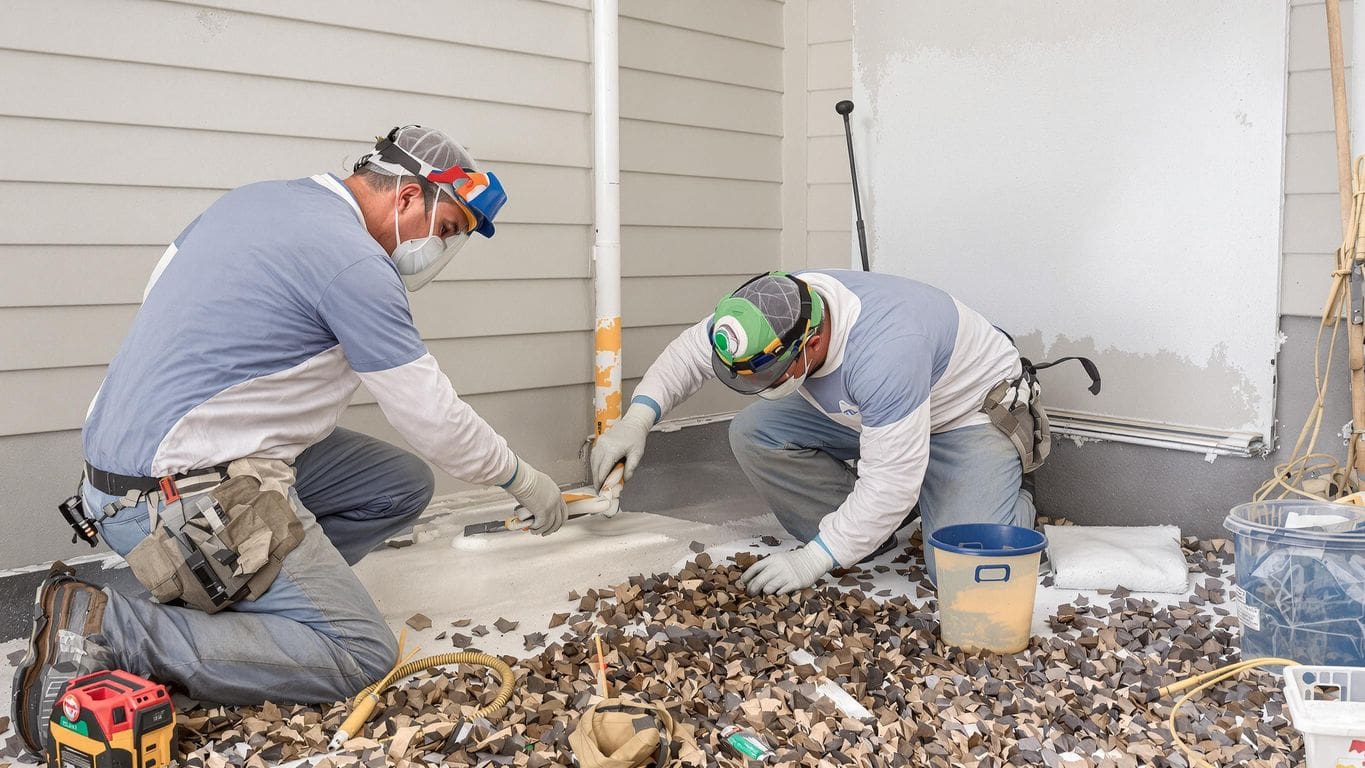 Professional waterproofing team working on a home's foundation.