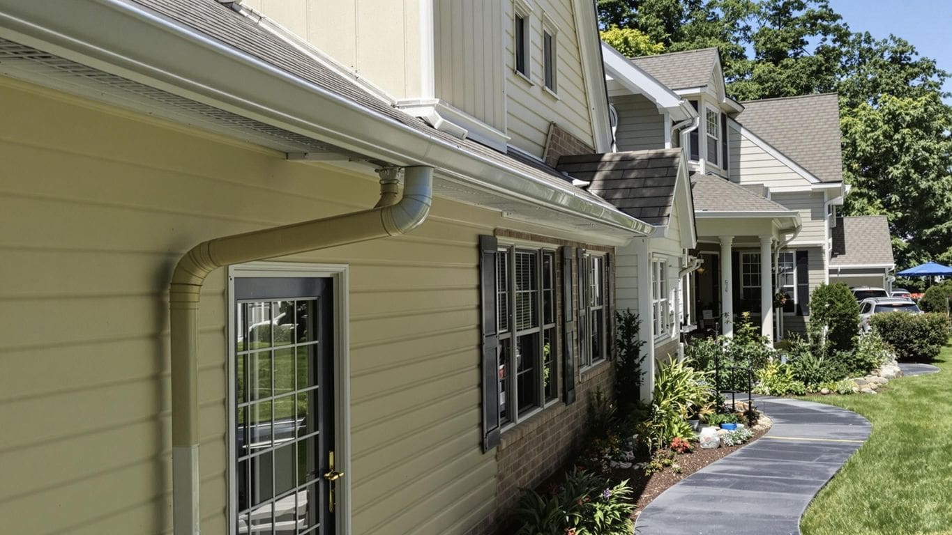Waterproof home with gutters, sloped roof, and landscaping.