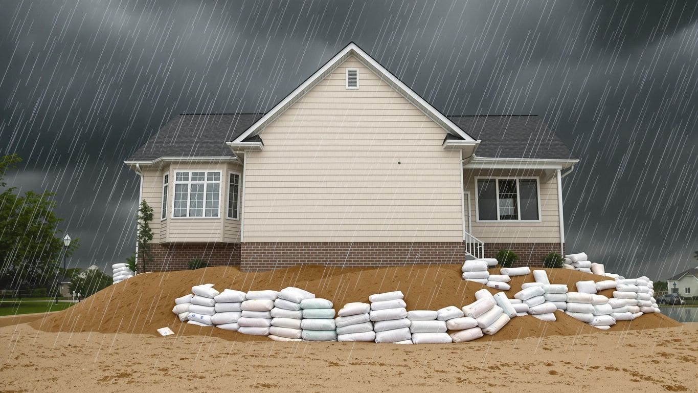 Home protected with sandbags during heavy rain.
