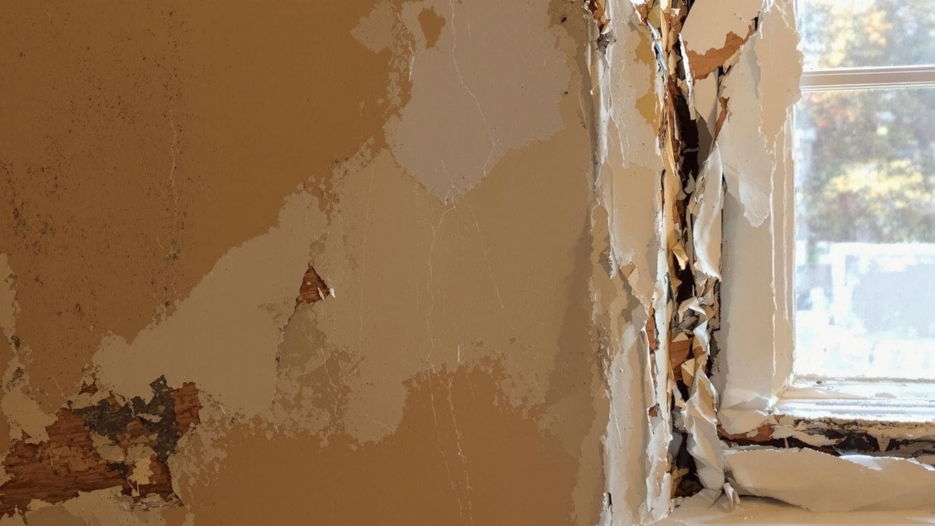 Wall with water stains and damaged drywall near window.
