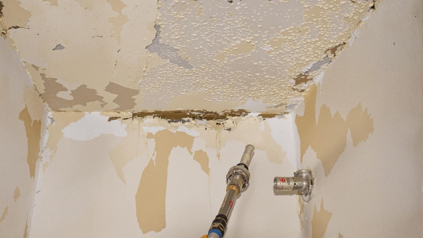 Water-damaged wall with peeling paint and mold growth.