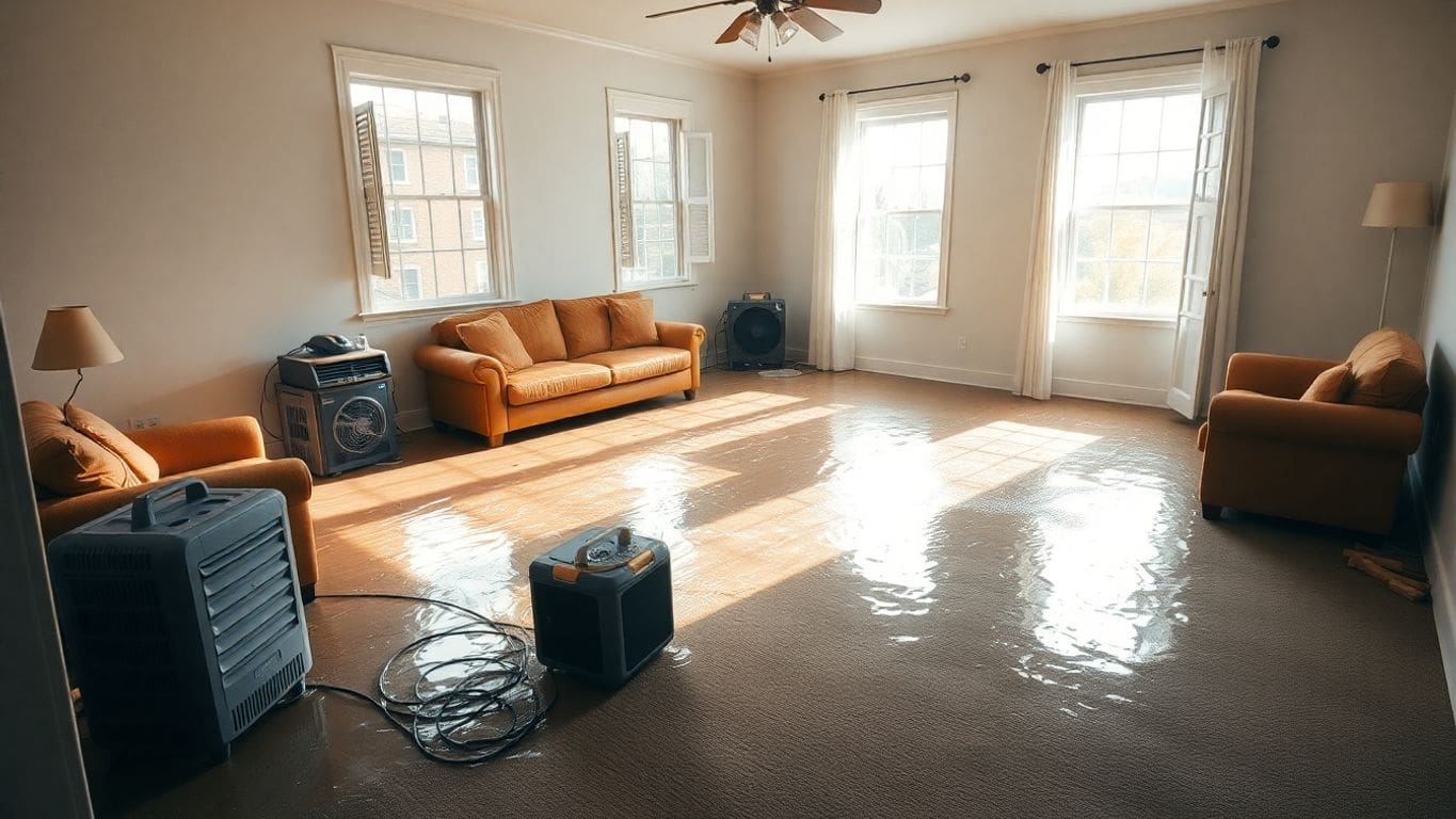 A flooded room with wet furniture and drying tools.