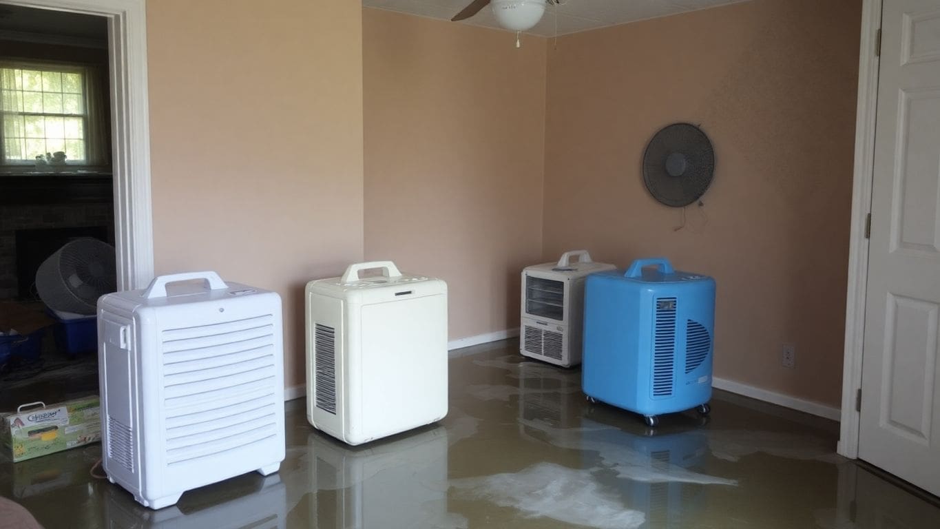 Room drying equipment after water damage in home.
