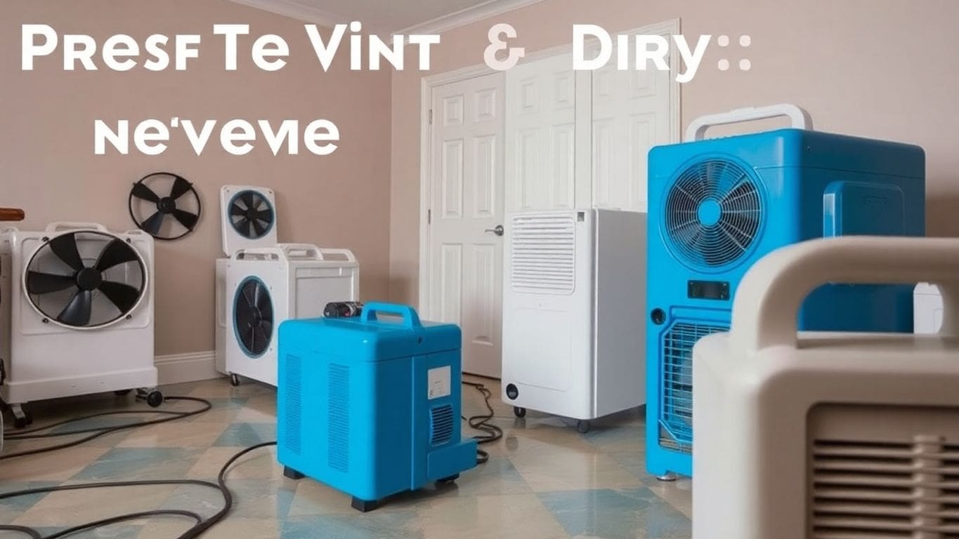 Drying equipment in a water-damaged home interior.