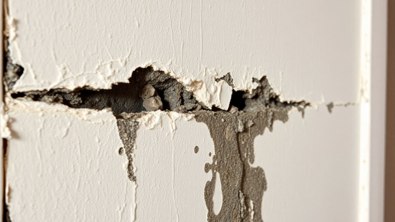 Close-up of a water-damaged wall with mold.