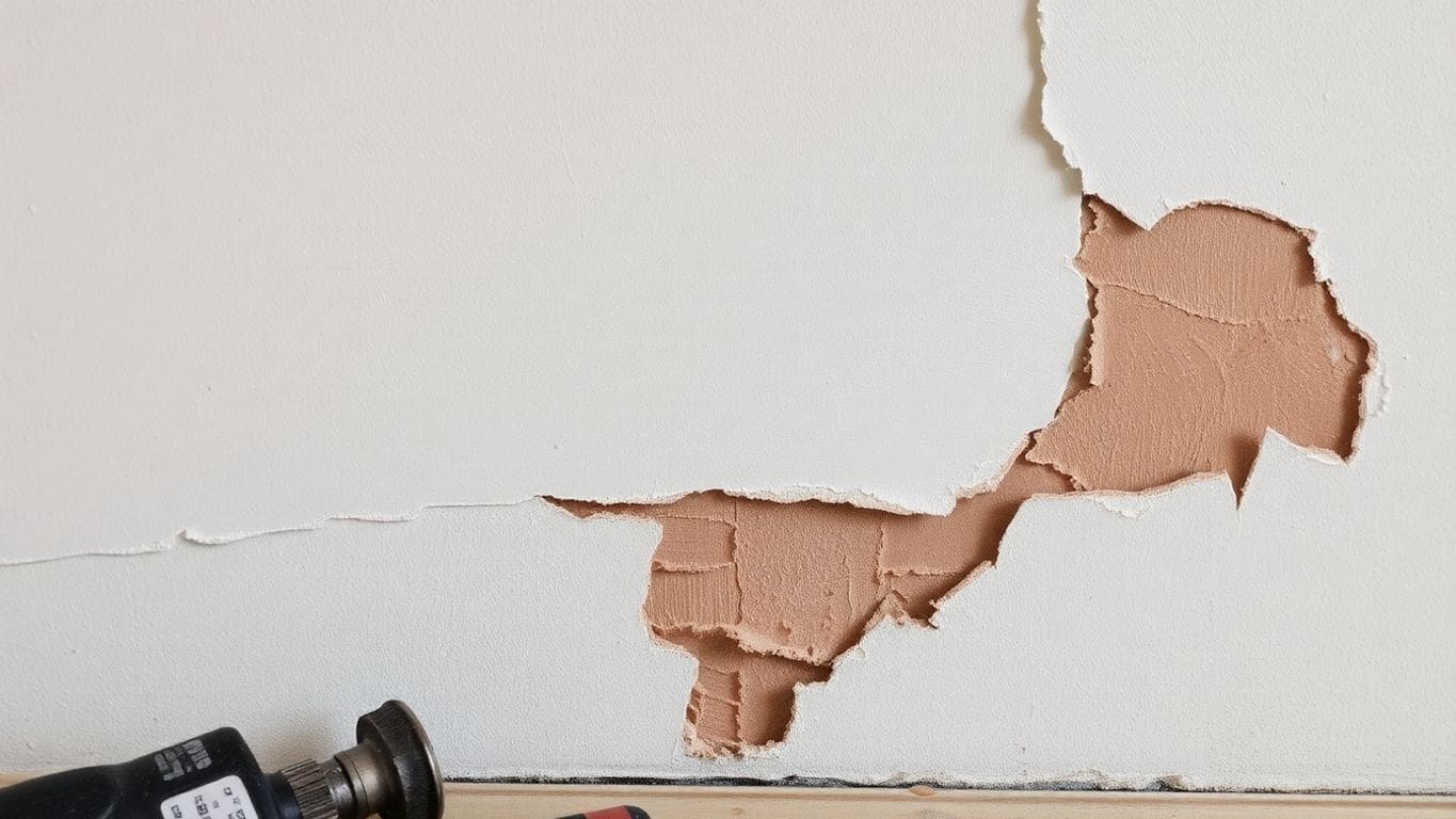 Water-damaged wall with peeling paint and discoloration.