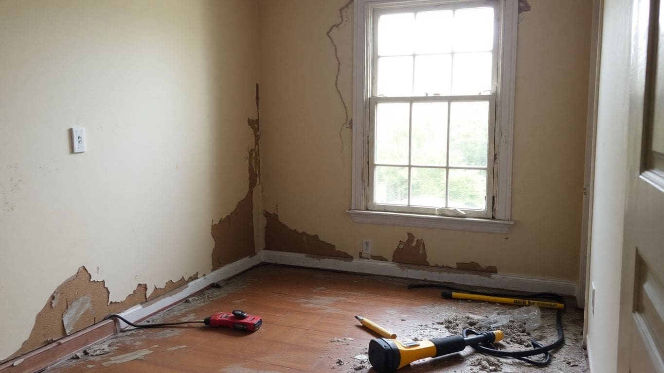 Home interior showing visible water damage and repair tools.