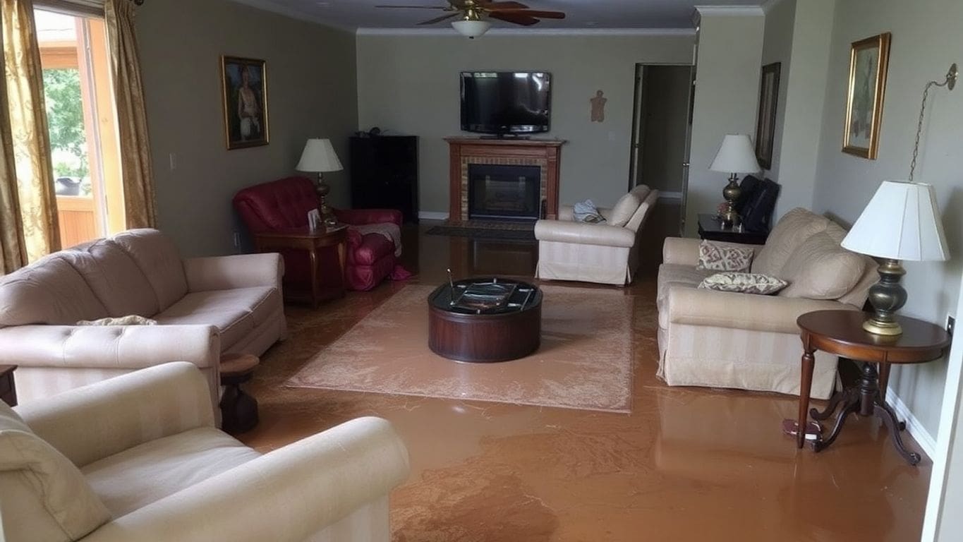 Flooded living room with water damage and mold.
