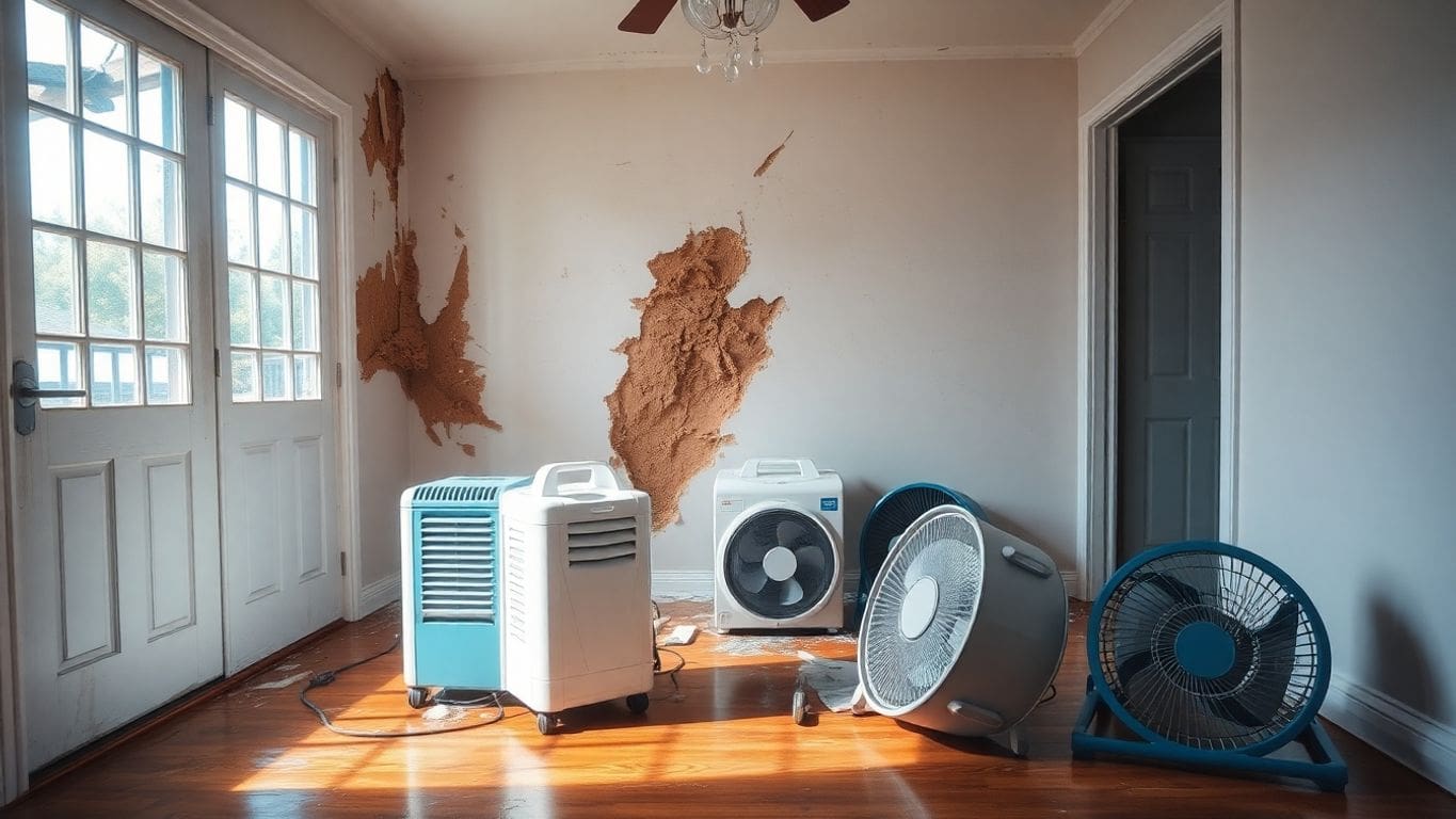 Home interior showing water damage and restoration equipment.