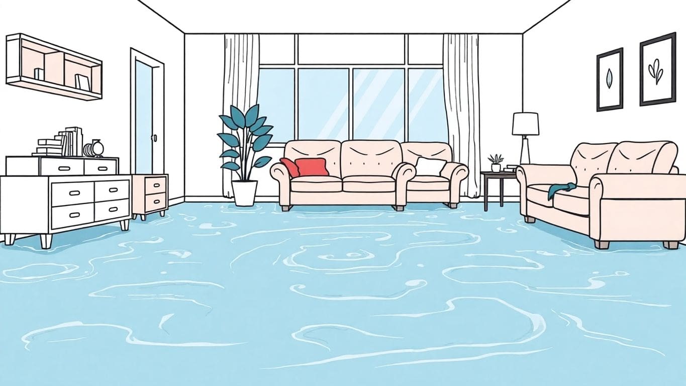 Flooded home interior with water damage illustration.