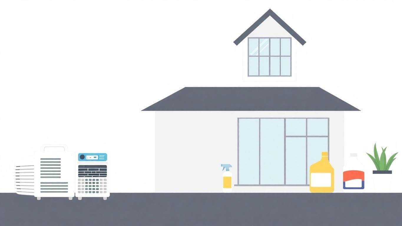 Vector illustration of water damage and mold prevention tools.