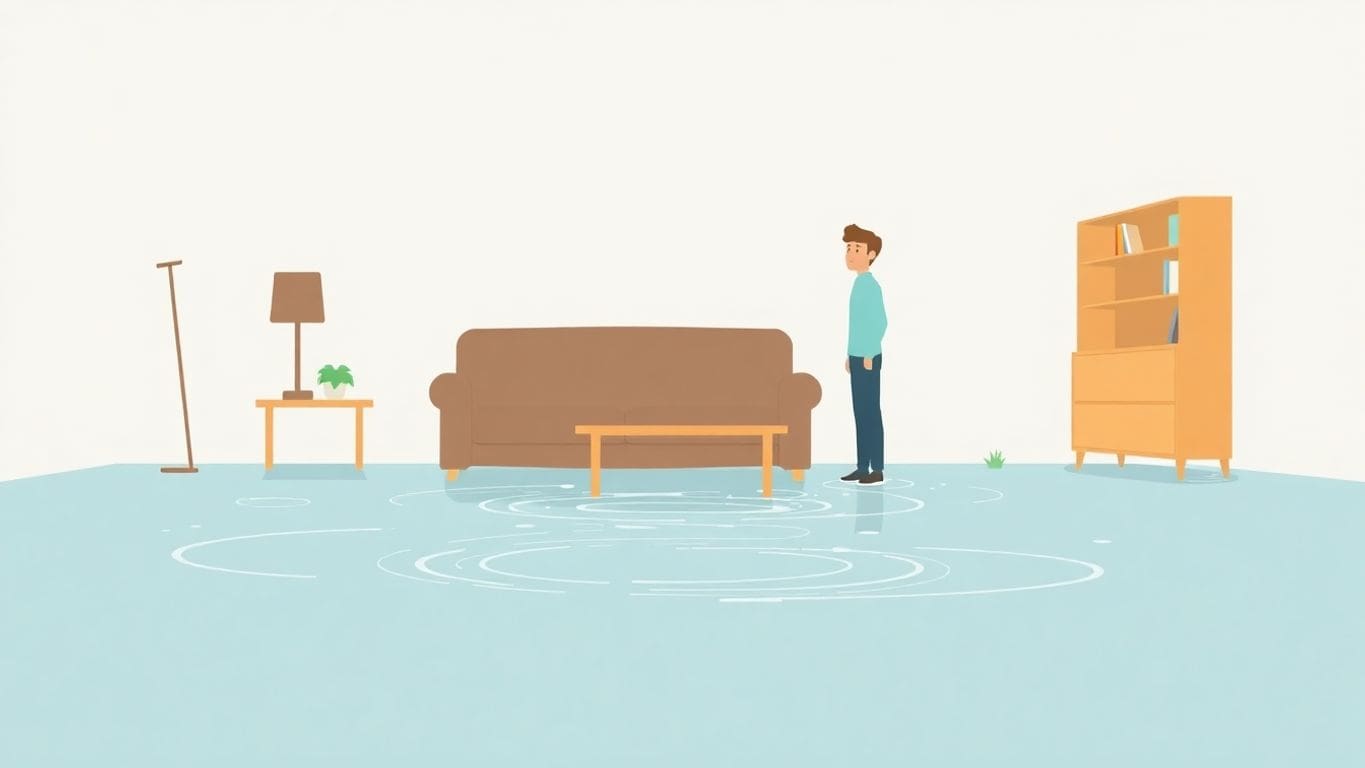 A flooded living room with a concerned person.