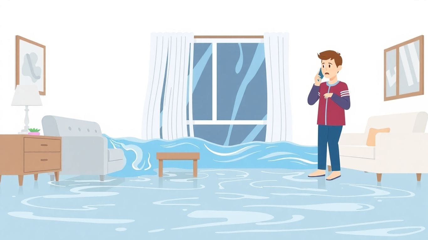 Illustration of a flooded house with a concerned homeowner.