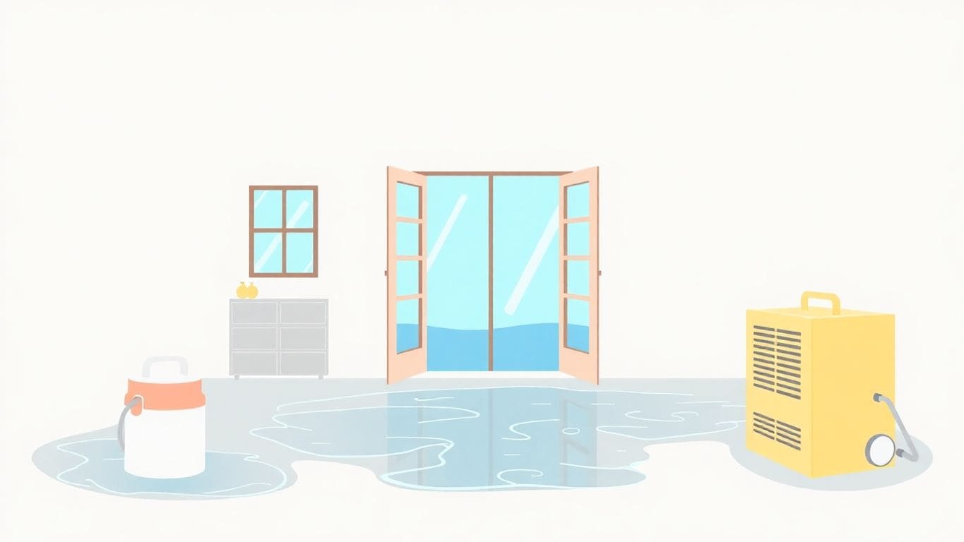 Minimalist vector art of a house with water damage.
