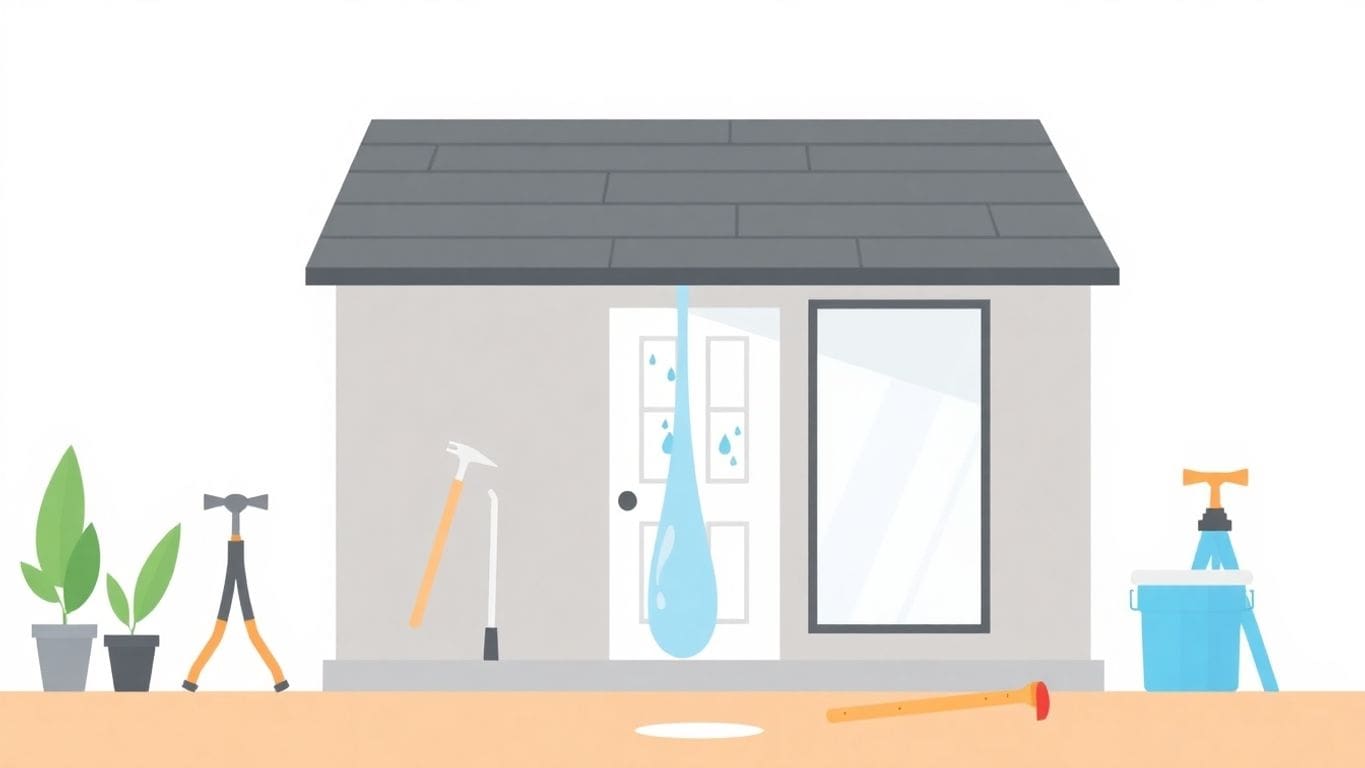 Illustration of a house with water damage and repair tools.