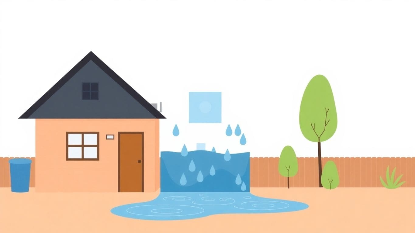 Minimalist house illustration with water damage effects.