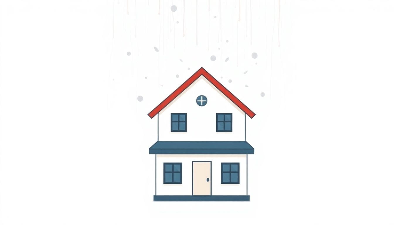 Minimalist illustration of a house with rain falling.
