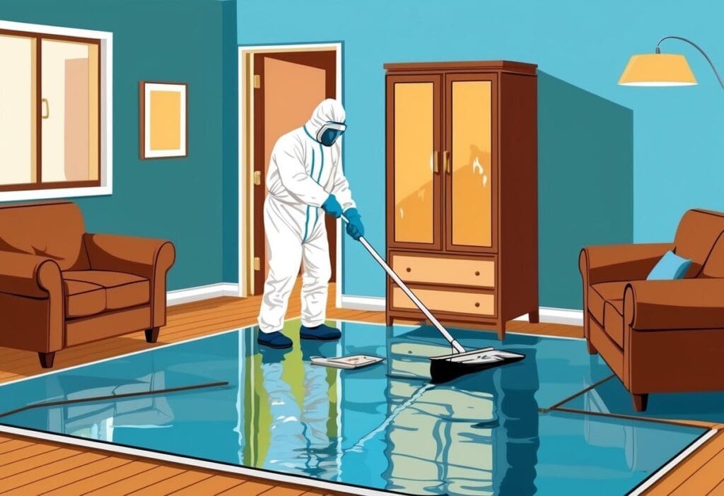 A room with water pooling on the floor, damaged furniture, and a person using protective gear to clean up the mess