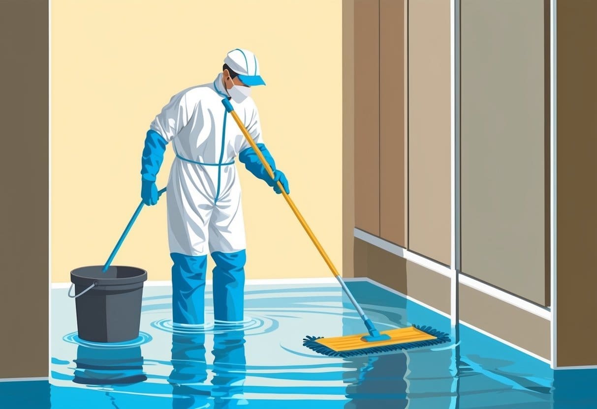 A person wearing gloves and protective clothing uses a mop and bucket to clean up water from a flooded room