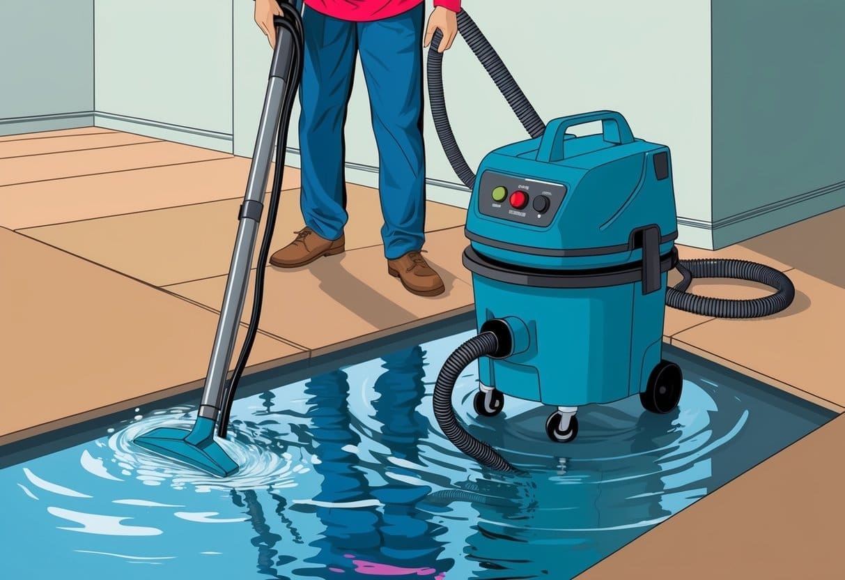 A person using a wet/dry vacuum to remove water from a flooded area
