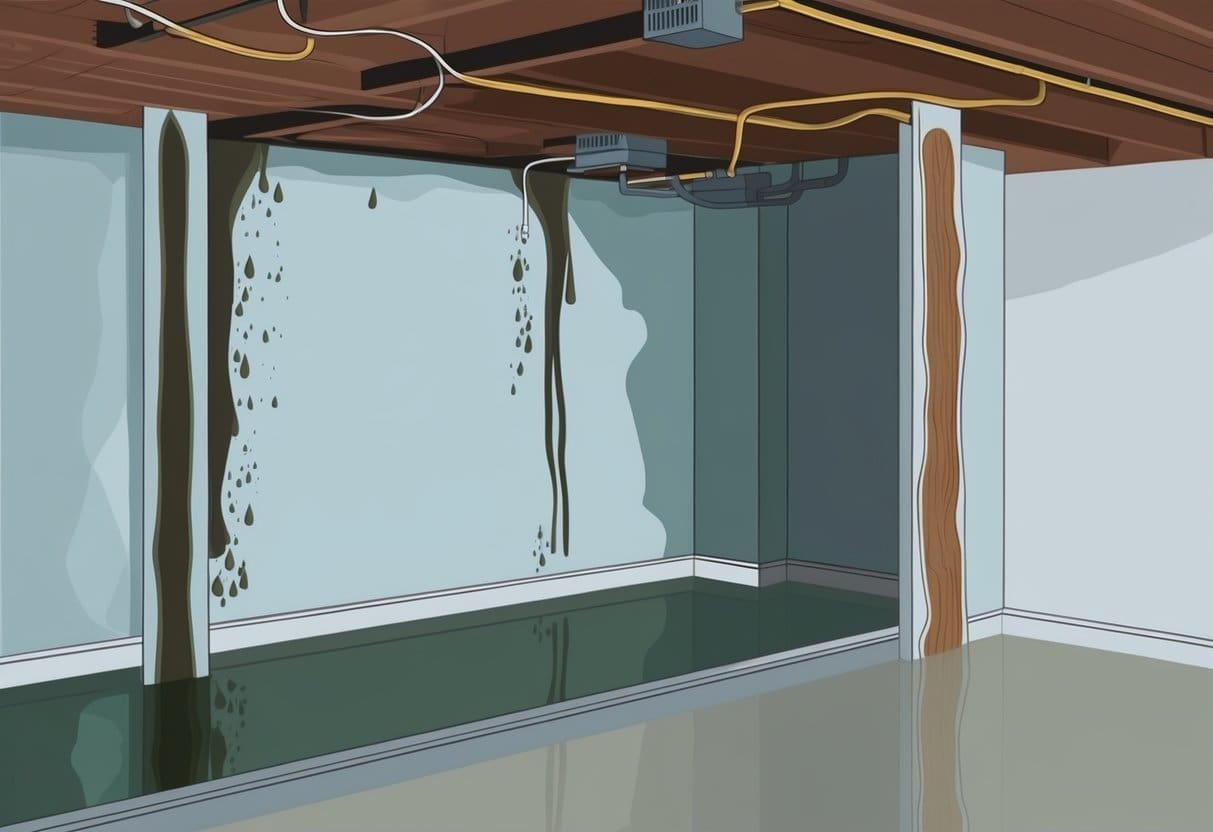 A damp basement with water damage, mold growth, and moisture seeping through the walls