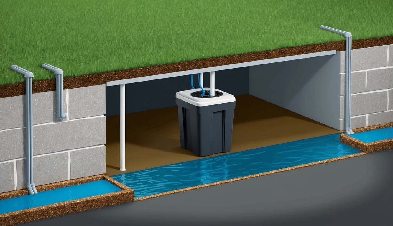 A basement with a sump pump and sealed walls, surrounded by proper grading and gutter extensions to divert water away from the foundation
