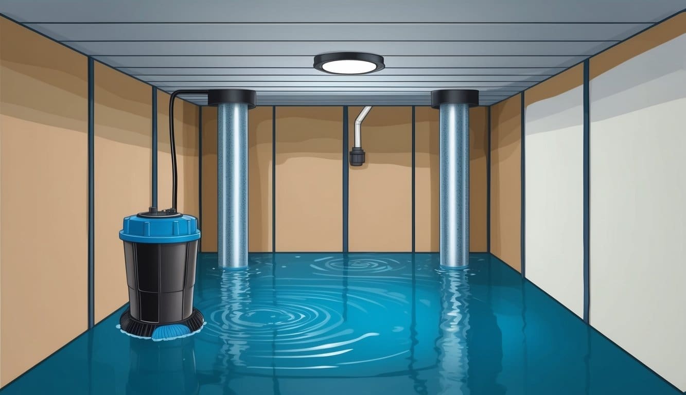 A basement with a sump pump and interior waterproofing materials applied to the walls and floor to prevent water damage