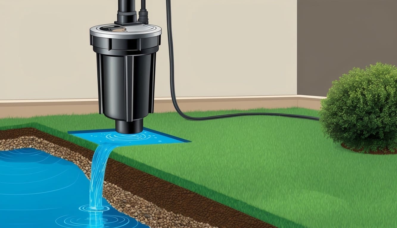A sump pump installed in a basement with water flowing away from the foundation through a properly graded yard