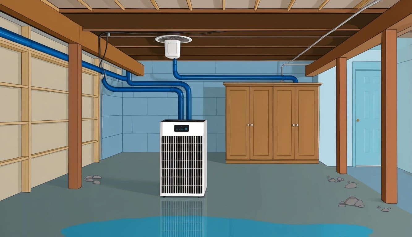 A basement with proper ventilation and a dehumidifier, no signs of water damage, and mold-resistant materials used in construction