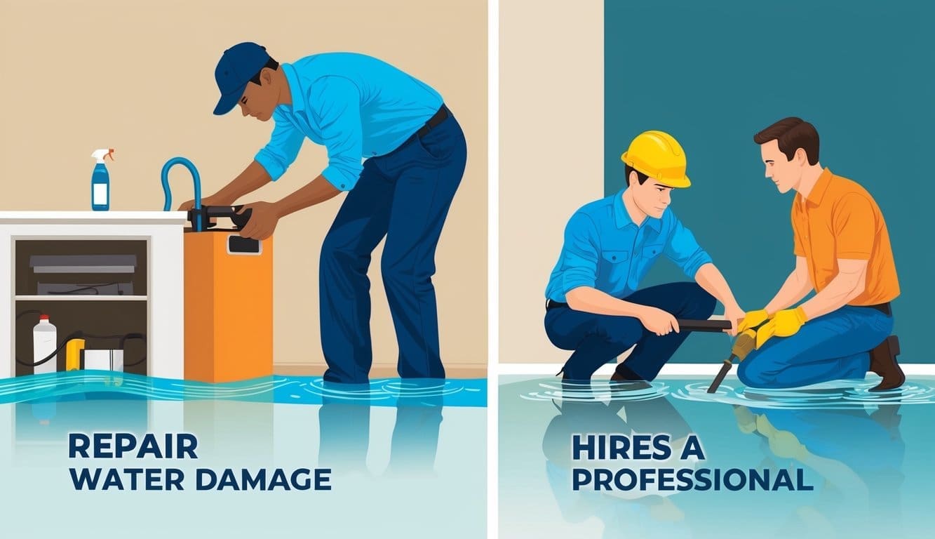 A person attempting to repair water damage with DIY methods while another person hires a professional for the same task