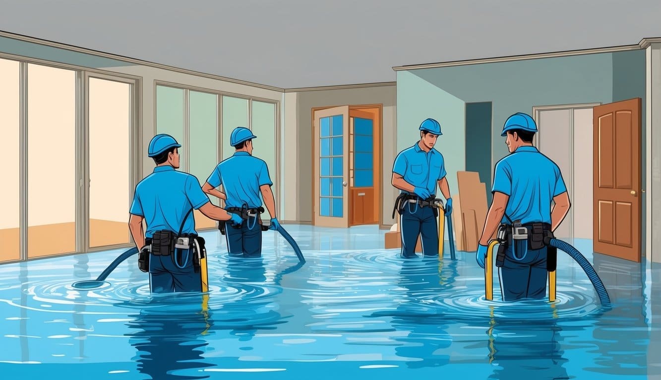 A professional water damage restoration team using specialized equipment to remove water and repair damaged areas in a flooded home