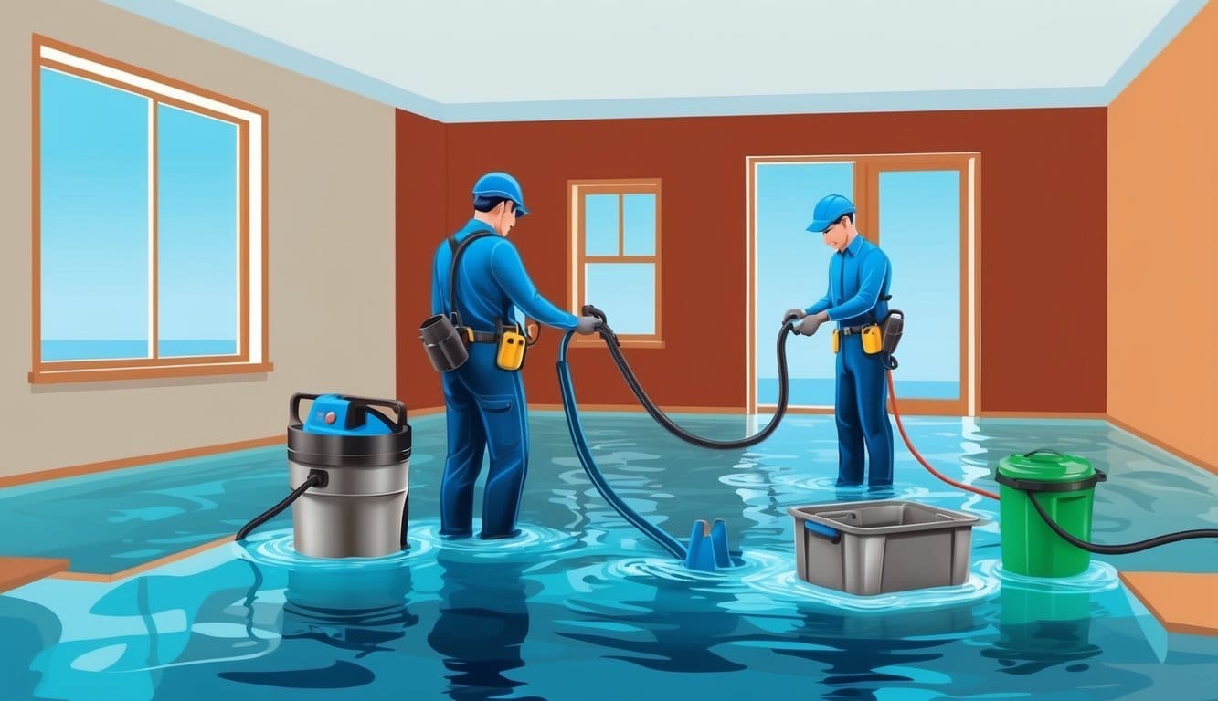 A professional restoration technician using specialized equipment to repair water damage in a flooded home